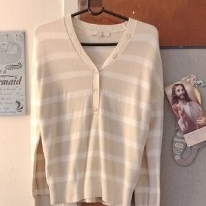 LOFT Cream V-Neck Sweater with Tone-on-Tone Stripes